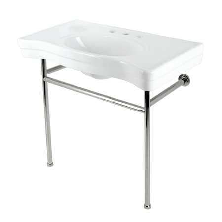 36 Ceramic Console Sink With Stainless Steel Legs, WhitePolished Nickel
